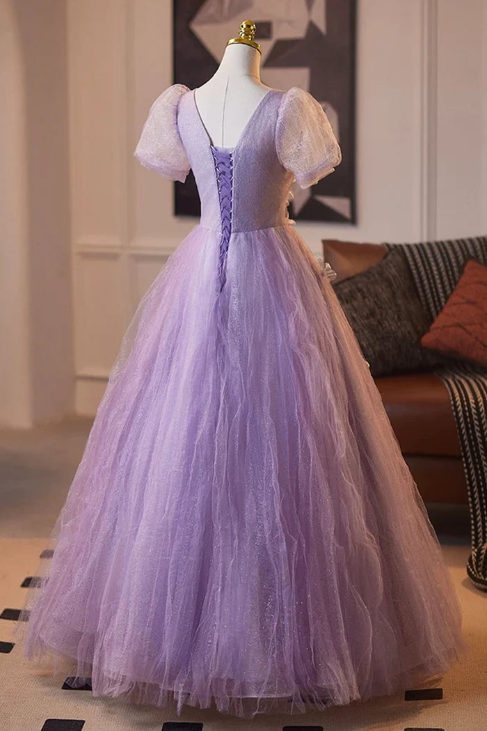 Light Purple Tulle Flower Long Prom Party Dress, Lovely A-Line Short Sleeve Party Dress